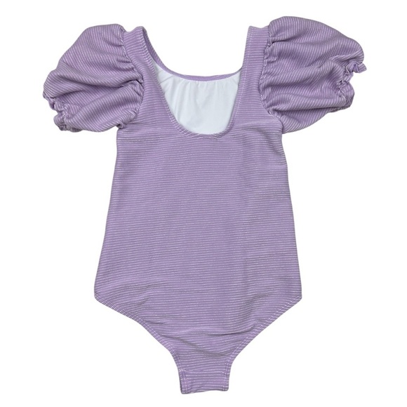 Cotton On Girls Puff Sleeve One Piece Swimsuit in Sparkly Purple - Size 8 - Picture 2 of 7